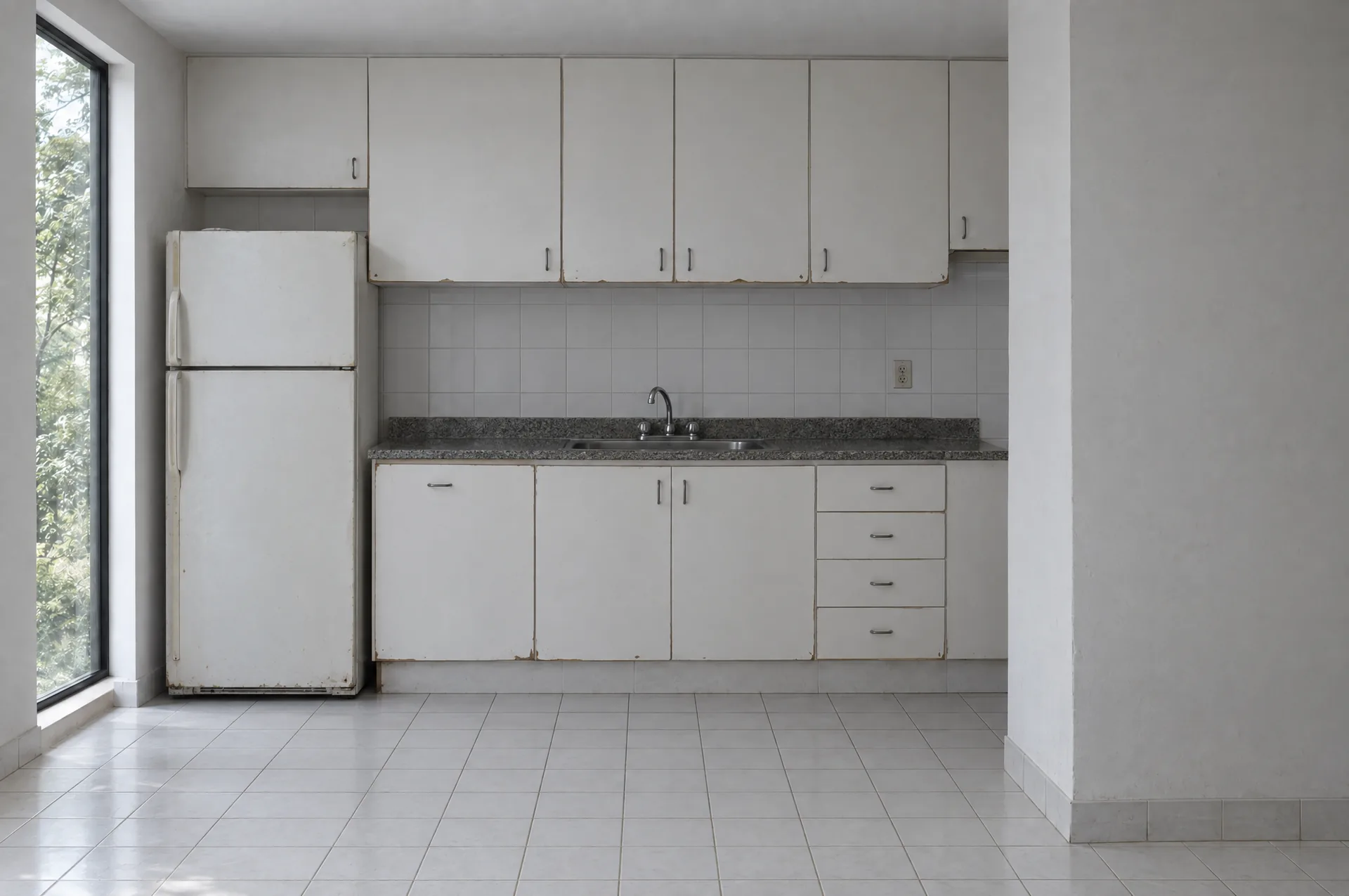 Antes: cozinha de construtora, com armários brancos, bancada de granito escuro e uma parede fechando o espaço